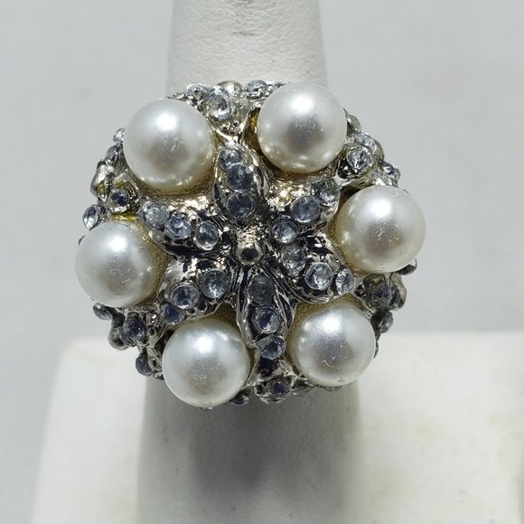 silver beaded cluster rhinestone and pearl ring - Picture 2 of 5